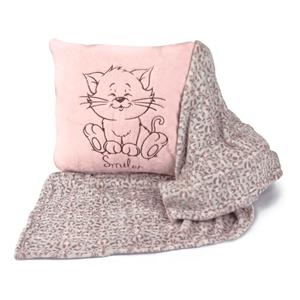 Manta Almofada Jolitex Gatinho Flannel Bordado 100% Poliéster - Rosa