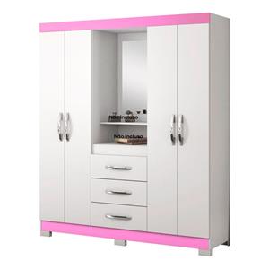 Guarda-Roupa Notável NT5015 com Espelho 4 Portas 3 Gavetas - Branco/Rosa Flex