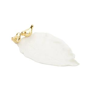 Folha Decorativa de Cerâmica Lyor com Pássaros Branco/Dourado - 21cm