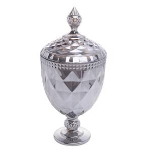 Bomboniere Decorativo de Cristal Lyor Diamond com Pé e Tampa Cinza Metalizado - 15x23 cm