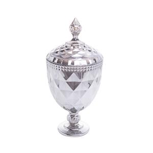 Bomboniere Decorativo de Cristal Lyor Diamond com Pé e Tampa Cinza Metalizado - 15x32 cm