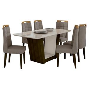 Mesa de Jantar Lopas Apogeu com Tampo de Vidro 6 Cadeiras Nevada Suede - Animale Bege/Off White